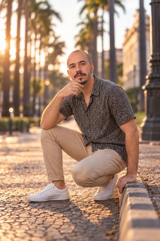 Portrait of the designer outdoors at golden hour